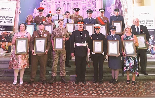 Cadet Warrant Officer Zak Warburton (back row, second from the left) pictured alongside recipeients of Lord-Lieutenant’s Certificates of Meritorious Service and Commendations.