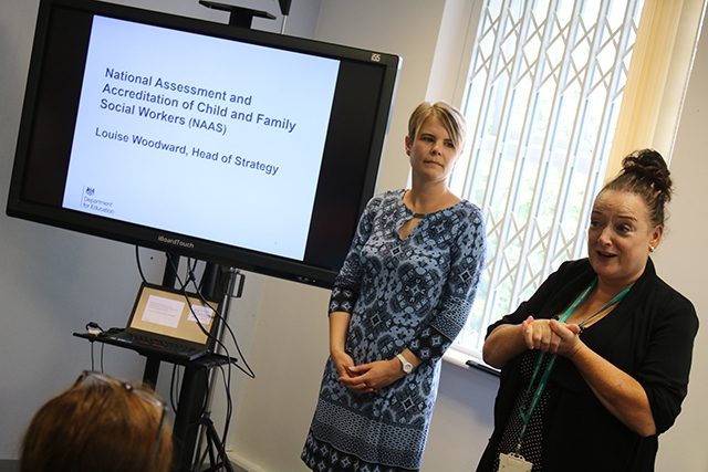 Pictured (left to right) are: Louise Woodward, Head of NAAS for Child and Family Social Work at the Department of Education and Bernie O’Brien, Oldham Council’s Principal Social Worker 