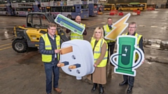 Pictured are: Anne-Marie Purcell, Chief Transformation Officer at TfGM flanked by (left) Mike Watson and Stephen Rhodes, TfGM Director of Bus with (rear left) Paul Townley, First Bus General Manager and Engineering Director Carl Wooley