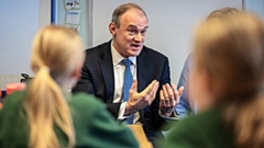 Lib Dem leader Sir Ed Davey during a visit to a Stockport primary school last year. Image courtesy of the Manchester Evening News