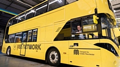 Greater Manchester mayor Andy Burnham inside one of the new Bee Network buses. Image courtesy of TfGM