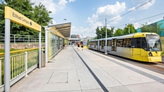 A tram at the nearest stop, Etihad Campus. Image courtesy of Co-op Live