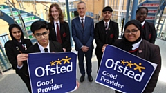 Student leaders celebrate the ‘Good’ inspection result with Radclyffe Headteacher Mr Cregg