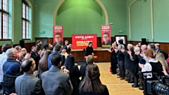 Andy Burnham is applauded by supporters at his Mayoral campaign launch at Salford Lad's Club yesterday