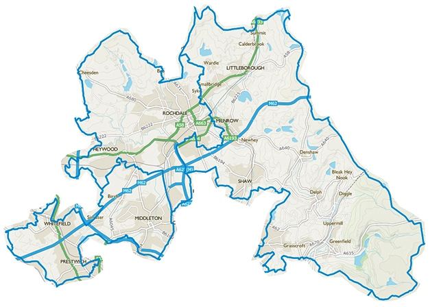 Map of the three new proposed constituencies: Rochdale, Prestwich and Middleton, and Littleborough and Saddleworth.