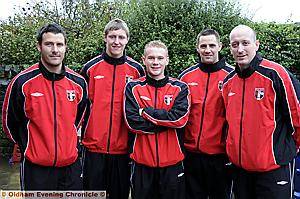 ON A ROLL: Joint managers Lee McAllister (left) and Andy Revill flank Richard Bennett, captain Joe Cunningham and Paul Needham ON A ROLL: Joint managers Lee McAllister (left) and Andy Revill flank Richard Bennett, captain Joe Cunningham and Paul Needham