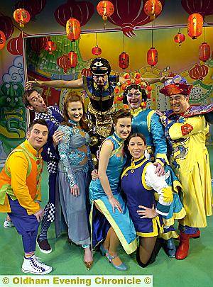 Aladdin at Oldham Coliseum (from the left): Richard Fletcher, Barrie Ryan English, Aimee Thomas, Andonis Anthony, Maria Watton-Graham, Fine Time Fontayne, Amy Rhiannon Worth, Howard Chadwick. 