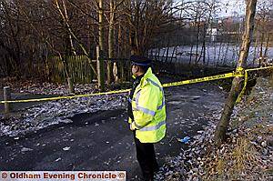 CRIME scene . . . where the car was set alight 
