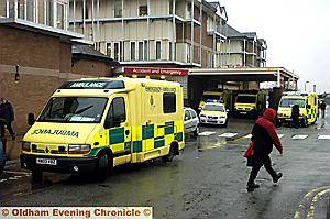 WAITING . . . ambulances queue outside Oldham’s A&E as waiting room is filled to overflowing WAITING . . . ambulances queue outside Oldham’s A&E as waiting room is filled to overflowing