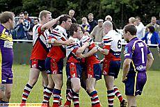 GIVE HIM A HUG: Oldham players celebrate a Paul O’Connor try against Gateshead Thunder. GIVE HIM A HUG: Oldham players celebrate a Paul O’Connor try against Gateshead Thunder.
