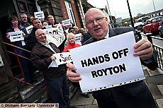 Protest outside Royton Town Hall about the merger with Shaw. Cllr Bernard Judge (front) with members of the public and fellow councillors. Protest outside Royton Town Hall about the merger with Shaw. Cllr Bernard Judge (front) with members of the public and fellow councillors.