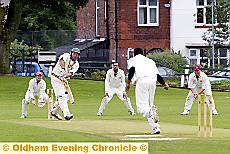 Middleton’s Martin Roberts scores runs on the leg side from the bowling of Crompton’s Aqib Zulfiqar 