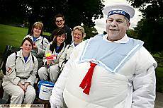 Pete Chadwick as the 'Stay Puft Marshmallowman' from Ghostbusters. Pictured with his friends dressed as Ghostbusters. 