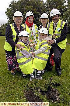 Work begins on new Royton Hall Primary School site. Back row l-r, Cllr. Kay Knox - Cabinet Member for Children, Young People and Families, Mayoress Shafeena Kausar, Jane Wilson - head teacher, Mayor Cllr. Shoab Akhtar. Front row, Holly Adlen (left) and Ka Work begins on new Royton Hall Primary School site. Back row l-r, Cllr. Kay Knox - Cabinet Member for Children, Young People and Families, Mayoress Shafeena Kausar, Jane Wilson - head teacher, Mayor Cllr. Shoab Akhtar. Front row, Holly Adlen (left) and Ka