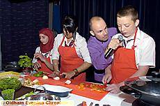 Ready, Steady, Cook at Hathershaw College. Compere Darren Tickler, from organizers Scholarfest pictured with the Red team left to right, Maimoona Khan, Nadiya Begum, Joe Rowan. Ready, Steady, Cook at Hathershaw College. Compere Darren Tickler, from organizers Scholarfest pictured with the Red team left to right, Maimoona Khan, Nadiya Begum, Joe Rowan.