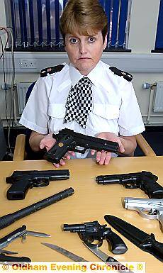 CHIEF Supt Caroline Ball with the weapons found in Oldham’s secondary schools CHIEF Supt Caroline Ball with the weapons found in Oldham’s secondary schools