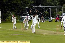 Crompton’s Kevin Stout appeals against Heywood’s Ruvin Peiris. Crompton’s Kevin Stout appeals against Heywood’s Ruvin Peiris.