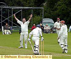 GOTCHA . . . Crompton skipper Simon Wright snares Royce Blight leg before wicket during his team’s Wood Cup semi-final against Heywood at Crimble. Picture by Chris Sunderland. GOTCHA . . . Crompton skipper Simon Wright snares Royce Blight leg before wicket during his team’s Wood Cup semi-final against Heywood at Crimble. Picture by Chris Sunderland.