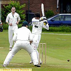 CLOSE CALL for Heyside’s Ryan Barnes off the bowling of Moorside’s Pete Broadhurst in their league clash. CLOSE CALL for Heyside’s Ryan Barnes off the bowling of Moorside’s Pete Broadhurst in their league clash.