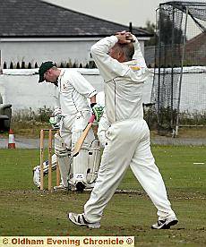 SO CLOSE . . . Oldham’s Mel Whittle cannot believe it as Milnrow’s Greg Jennings survives a dangerous delivery during Saturday’s game at the Pollards. SO CLOSE . . . Oldham’s Mel Whittle cannot believe it as Milnrow’s Greg Jennings survives a dangerous delivery during Saturday’s game at the Pollards.