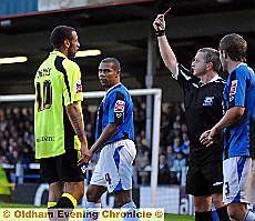 OFF YOU GO: Craig Davies gets his marching orders from referee Colin Webster in the first half of last night’s Carling Cup tie against Rochdale. 