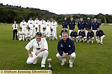 ON PARADE: Heyside captain Ian Reddish (far left) and Uppermill counterpart Mark Berry pose for a picture before the start of the Moore Cup final.
ON PARADE: Heyside captain Ian Reddish (far left) and Uppermill counterpart Mark Berry pose for a picture before the start of the Moore Cup final.