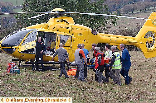 North West Air Amulance used in moving patient from incident at Platting Farm Platting Road , Scouthead. 