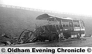The wreckage of the coach after 50lb of explosives tore through t it on the M62 
