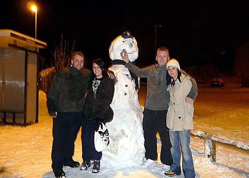 Snow bother: Pictured (from the left) are Dave Hobson, Amanda Brierley, Frosty the Snowman, Andy O’Reilly and Catharine Hall. 