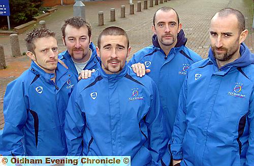 AFTER . .. A month later the hirsute fundraisers (from the left) Adam Smith, Scott Chapman, David Jackson, Douglas King and Mark Breslin


