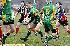 OLDHAM St Anne’s man Jordan White (with ball) looks for support against Thatto Heath. OLDHAM St Anne’s man Jordan White (with ball) looks for support against Thatto Heath.