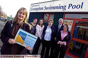 IN the swim . . . receiving the Quest award are, from left, OCLL head of pools Alison Jennings, Glodwick Pool duty manager Jo Smallwood, Glodwick Pool supervisor Caroline Wright, Saddleworth Pool manager Jo Walker, OCLL chief executive Ian Kendall and Crompton Pool duty manager Jo Nield IN the swim . . . receiving the Quest award are, from left, OCLL head of pools Alison Jennings, Glodwick Pool duty manager Jo Smallwood, Glodwick Pool supervisor Caroline Wright, Saddleworth Pool manager Jo Walker, OCLL chief executive Ian Kendall and Crompton Pool duty manager Jo Nield