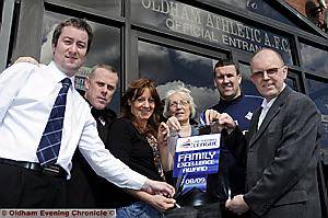 Oldham Athletic recieve a Family Excellence Award, Neil Joy, Tommy Wright, Lois Best, Judith Lane, Mark Crossley and Alan Hardy with the Award 