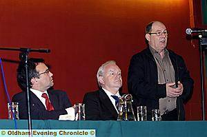 Des Carney, branch secretary of the Communication Workers’ Union (standing) gave his views, watched by MP Phil Woolas (left) and Councillor Brian Lord Des Carney, branch secretary of the Communication Workers’ Union (standing) gave his views, watched by MP Phil Woolas (left) and Councillor Brian Lord