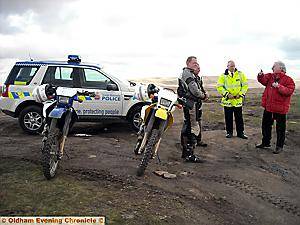 MOORLAND action . . . Councillor Roughley with Sgt Johnson and some of the police off-road bike team MOORLAND action . . . Councillor Roughley with Sgt Johnson and some of the police off-road bike team