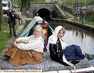 IN costume . . . Sue Day (left) and Michele Seed get ready to leg it through the tunnel 
