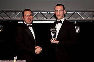 ENTREPRENEUR: David Beharall (right) congratulated by Oldham Sixth Form College Vice Principal Michael Walsh 