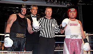 WHILE we’re on the subject of being entertaining, Roughyeds chairman Bill Quinn (far right) is pictured after defeating Garry Schofield (far left) in last week’s boxing match in Batley to raise funds for the RL Benevolent Fund and cancer charities supported by the Steve Prescott Foundation. Also pictured are MC Karl Kirkpatrick (second from left) and referee, former boxer Steve Collins. 