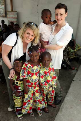Suranne (right) and Sally Lindsay with some youngsters who benefit from work funded by Christian Aid. Picture courtesy Christian Aid/ Lee Thompson. 