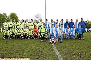 FINAL LINE-UP: Pictured before the Oldham Sunday League Division 2 Shield final are Rifle Range Royal Blues and Steven Caine FC. 