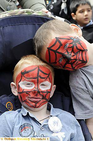 SPIDERMEN . . . Kayden Pinnington (3) and Jake Cole (5) show off their face paintings 