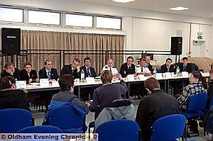 CONCERNED . . . residents fire questions at council, fire, police and health chiefs at yesterday’s meeting 