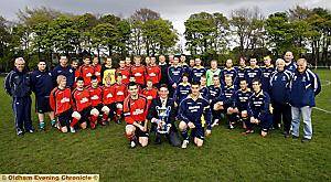 AT THE READY: Heyside captain James Taylor (front right) lines up alongside Skelmanthorpe counterpart Matthew Green and Paul Berry, representing the Huddersfield and District League.