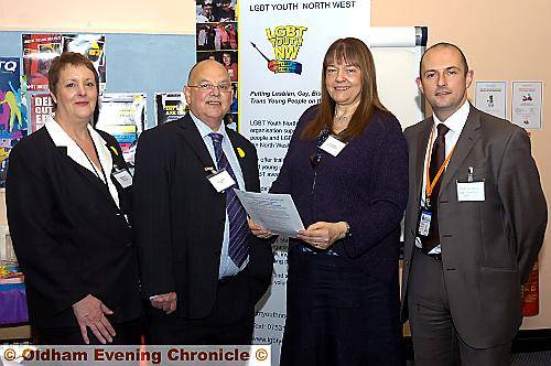 TACKLING homophobia are (from left) Angela Newman from Oldham Council, Tony Harrison, the joint branch secretary of Oldham NUT, the NUT vice-president Gill Goodswen and Mark McDowell, from Greater Manchester Police hate-crime unit
TACKLING homophobia are (from left) Angela Newman from Oldham Council, Tony Harrison, the joint branch secretary of Oldham NUT, the NUT vice-president Gill Goodswen and Mark McDowell, from Greater Manchester Police hate-crime unit