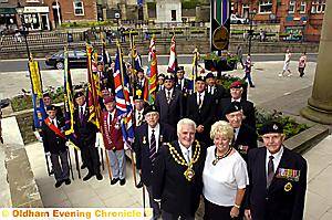 LASTING tribute . . . Oldham Mayor, Councillor Jim McArdle, his consort, Councillor Kay Knox and veteran Harry Butterworth with other ex-servicemen at the unveiling of the floral display LASTING tribute . . . Oldham Mayor, Councillor Jim McArdle, his consort, Councillor Kay Knox and veteran Harry Butterworth with other ex-servicemen at the unveiling of the floral display