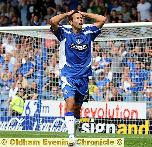 SO FRUSTRATING . . . Athletic centre forward Pawel Abbott can’t believe it as another chance goes begging 