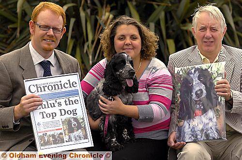 Chronicle circulation manager Steve Duthie (left) and Stewart Jennings from Manchester St Vets (right) with Lulu and owner Andrea McLean. Chronicle circulation manager Steve Duthie (left) and Stewart Jennings from Manchester St Vets (right) with Lulu and owner Andrea McLean.
