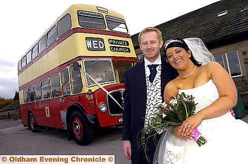Robert Hyde and Danielle Etchells and their double-decker wedding transport Robert Hyde and Danielle Etchells and their double-decker wedding transport
