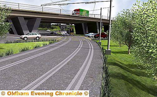HOW the tracks will look approaching Oldham Way from Manchester Street. The original plans proposed a tunnel at this point HOW the tracks will look approaching Oldham Way from Manchester Street. The original plans proposed a tunnel at this point
