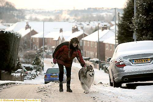 BRAVING the elements . . . Hester Hopkins with her Malamute-cross Suzuki  

